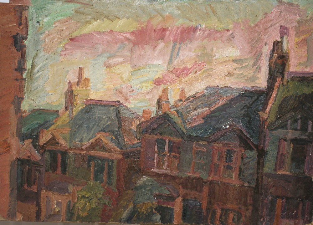 Manner of Ronald Ossory Dunlop, oil on board, Study of rooftops, 59 x 81cm, unframed